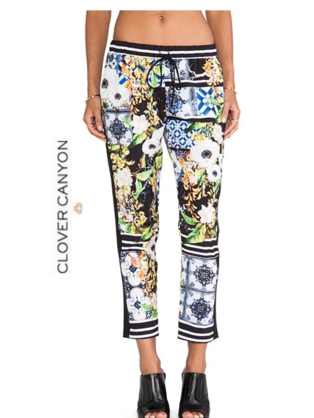 Clover Canyon Greek Tiles stretch Pants Floral Drawstring Pockets